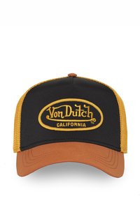 Gorra de camionero negra con detalles naranjas, con parte frontal redondeada, laterales de malla y logotipo bordado en amarillo "Von Dutch California".
