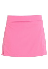 Rosa damernas idrottskjol med bred midjeband, rak fåll och sidofickor, designad för sport eller avslappnad användning.