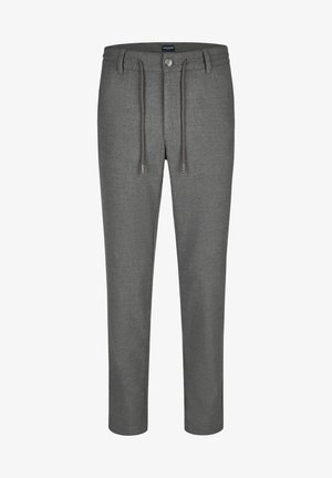 Gray jogger pants made of textured fabric, featuring an elastic waistband, drawstring, and a relaxed fit for comfortable wear.
