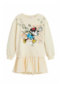 Felpa crema con polsini a costine, dotata di una stampa colorata di Topolino, motivi floreali e una gonna leggera plissettata lungo l'orlo.