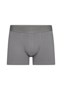 Graue Boxershorts mit nahtlosem Design, weichem Stoff und einem breiten Bund mit eingeprägtem Branding. Standard-Schnitt ohne Muster.
