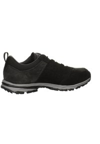 Black athletic shoe featuring a combination of suede and mesh materials, a textured design, rubber outsole, and a padded collar for comfort.