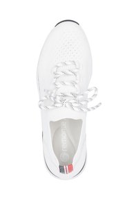 White sneaker with a breathable mesh upper, round toe, and textured lace design. Featuring a logo on the insole and a striped heel accent.