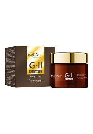 Tarro marrón con tapa dorada de la crema postQuam G-II Glycolic renewal junto a la caja marrón y dorada a juego con detalles del producto en inglés y español.