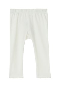Weiße Baumwoll-Leggings mit einer weichen Textur, einem elastischen Bund und einem gewellten Saum an den Knöcheln. Keine sichtbaren Muster oder Verzierungen.