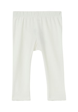 Witte katoenen leggings met een zachte textuur, een elastische tailleband en een geschulpte zoom bij de enkels. Geen zichtbare patronen of versieringen.