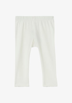 Witte katoenen leggings met een zachte textuur, een elastische tailleband en een geschulpte zoom bij de enkels. Geen zichtbare patronen of versieringen.