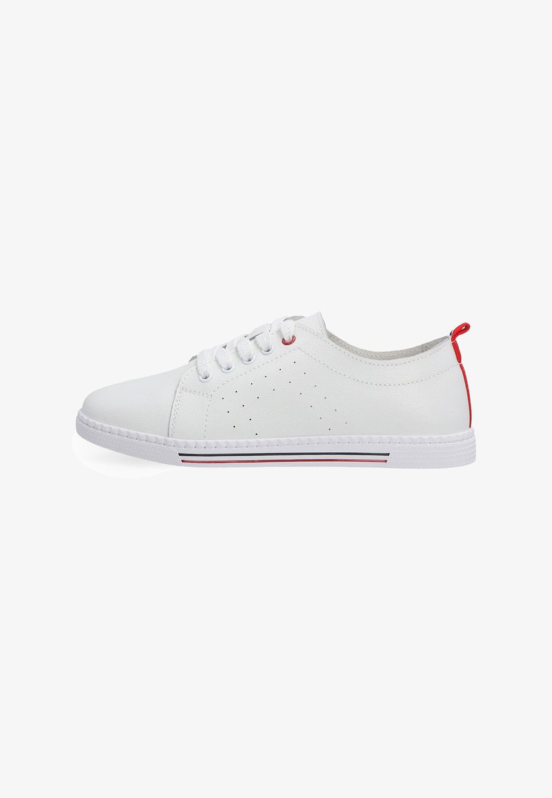White sneaker with a smooth leather upper, perforated details, red heel tab, and a rubber sole featuring black and red stripes.