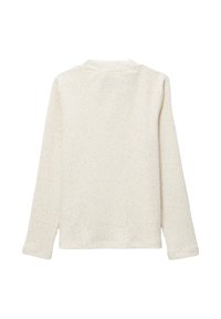 Haut à manches longues crème avec des éclats d'or subtils, texture côtelée et encolure ronde. Présente un ourlet droit et un tissu doux.