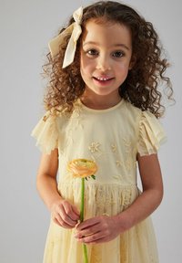 Gul broderad klänning med genomskinliga volangärmar, blommotiv och samlad midja. Håller en persikofärgad ranunkelblomma.