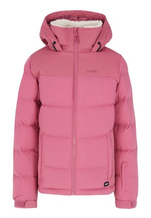 Veste rembourrée rose avec une fermeture éclair à l'avant, une capuche amovible et un col en polaire. Comprend des panneaux couturés et des poignets en Velcro. Texture lisse.