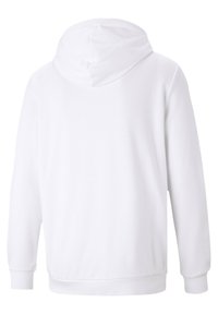 Hvid hætte sweatshirt lavet af blødt stof, med en kengurulomme, ribbede manchetter og et ensartet bagsidedesign uden synlige mønstre.