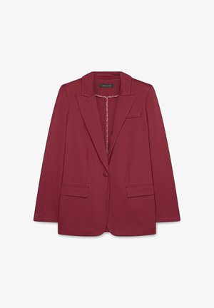 Blazer burdeos con solapa muesca, cierre de un solo botón, dos bolsillos frontales y un forro interior texturizado. Acabado de tela suave.