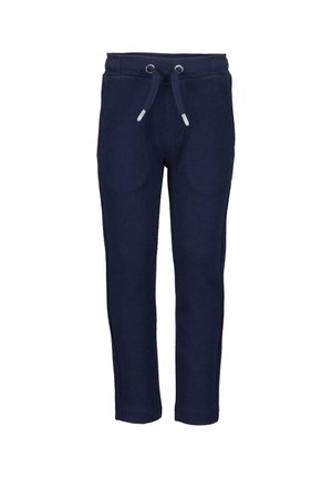 Pantalon en maille texturée bleu marine avec taille ajustable à cordon et jambes droites. Conçu pour un usage décontracté.