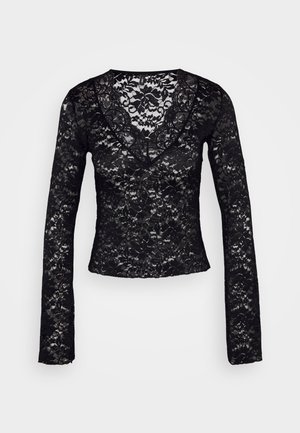 Čierna čipkovaná blúzka s dlhým rukávom a hlbokým výstrihom do V, s kvetinovými vzormi a priliehavým strihom. Hladký povrch s priehľadným vzhľadom.