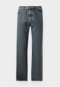 Denim jeans in dark wash, featuring a straight leg design, subtle stitching, and button closure with five-pocket styling.