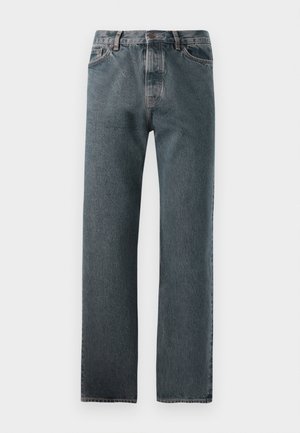 Denim jeans in dark wash, featuring a straight leg design, subtle stitching, and button closure with five-pocket styling.
