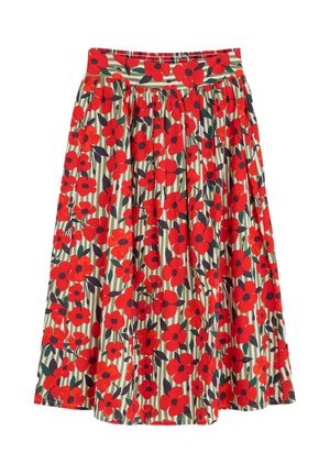 Jupe midi florale avec un imprimé de coquelicots rouges sur un fond rayé vert et blanc, dotée d'une taille froncée et d'une texture de tissu douce.
