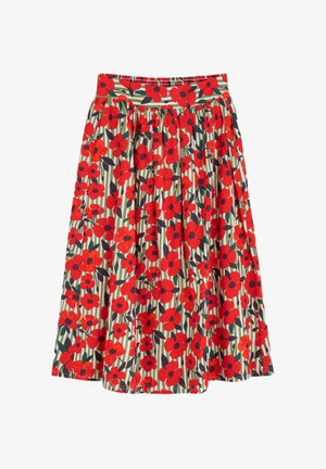 Floral Midi-Rock mit roten Mohnblumen auf einem grün-weißen gestreiften Hintergrund, mit einem gerafften Taillenbund und einer sanften Stofftextur.
