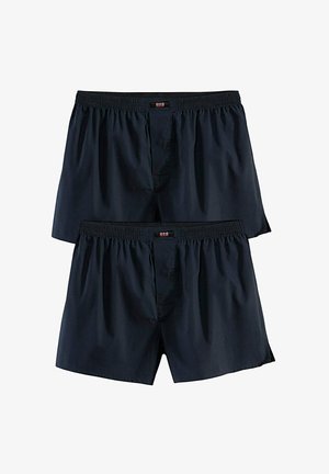 Two pairs of plain black elastic waist boxer shorts with front fly and small brand tags on the waistband.