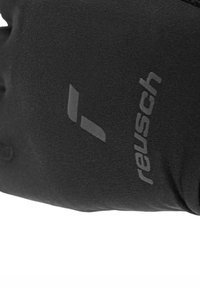 Gant noir en tissu doux, présentant une surface texturée et un logo "reusch" gris en contraste sur la zone du poignet.