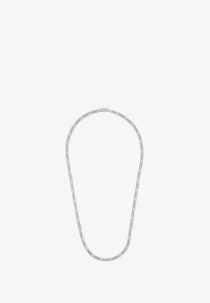 Silberne Kettenhalskette mit verbundenen, länglichen und runden Formen mit einer glatten Textur, versehen mit einem sicheren Verschluss.