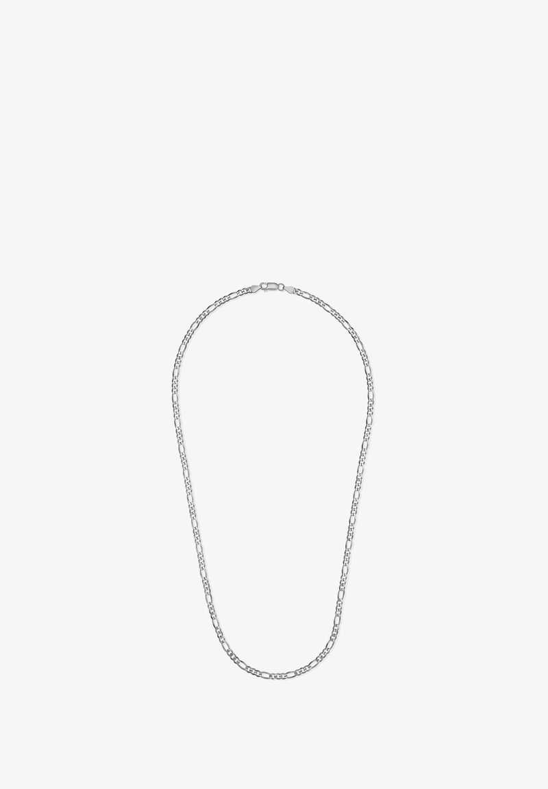 Silberne Kettenhalskette mit verbundenen, länglichen und runden Formen mit einer glatten Textur, versehen mit einem sicheren Verschluss.