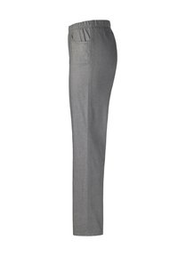 Grijze broek met een gladde textuur, voorzien van een tailleband en een zijzak op de achterkant. Het ontwerp heeft rechte pijpen met minimale naden.