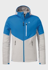 Blaue und graue Outdoorjacke mit Kapuze, ausgestattet mit einem strukturierten Muster, Reißverschluss-Taschen und kontrastierenden Farbblöcken an den Ärmeln.