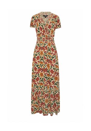 Robe longue fleurie avec manches courtes, décolleté en V, taille cintrée, et motif de fleurs rouges, orange et vertes sur fond beige.