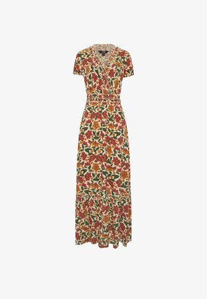 Bloemen maxi-jurk met korte mouwen, V-hals, getailleerde taille en een patroon van rode, oranje en groene bloemen op een beige achtergrond.