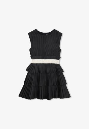 Black pleated dress with a fitted bodice and tiered skirt. Features a patterned belt with "KARL LAGERFELD" in a contrasting color.