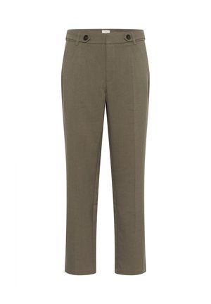 Pantalon vert olive ajusté avec des boutons à l'avant de la ceinture et des jambes droites, présenté sur un fond blanc.