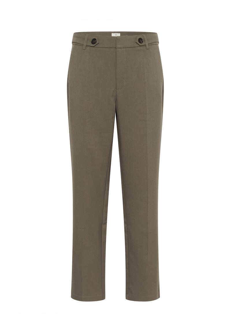 Pantalon vert olive ajusté avec des boutons à l'avant de la ceinture et des jambes droites, présenté sur un fond blanc.
