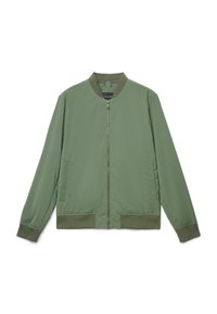 Grüne Bomberjacke aus leichtem Stoff, mit durchgehendem Reißverschluss, geripptem Kragen und Bündchen sowie Seitentaschen. Minimalistisches Design ohne Muster.