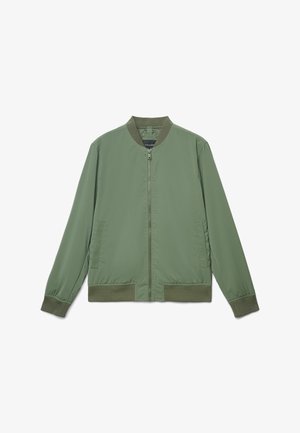 Grüne Bomberjacke aus leichtem Stoff, mit durchgehendem Reißverschluss, geripptem Kragen und Bündchen sowie Seitentaschen. Minimalistisches Design ohne Muster.