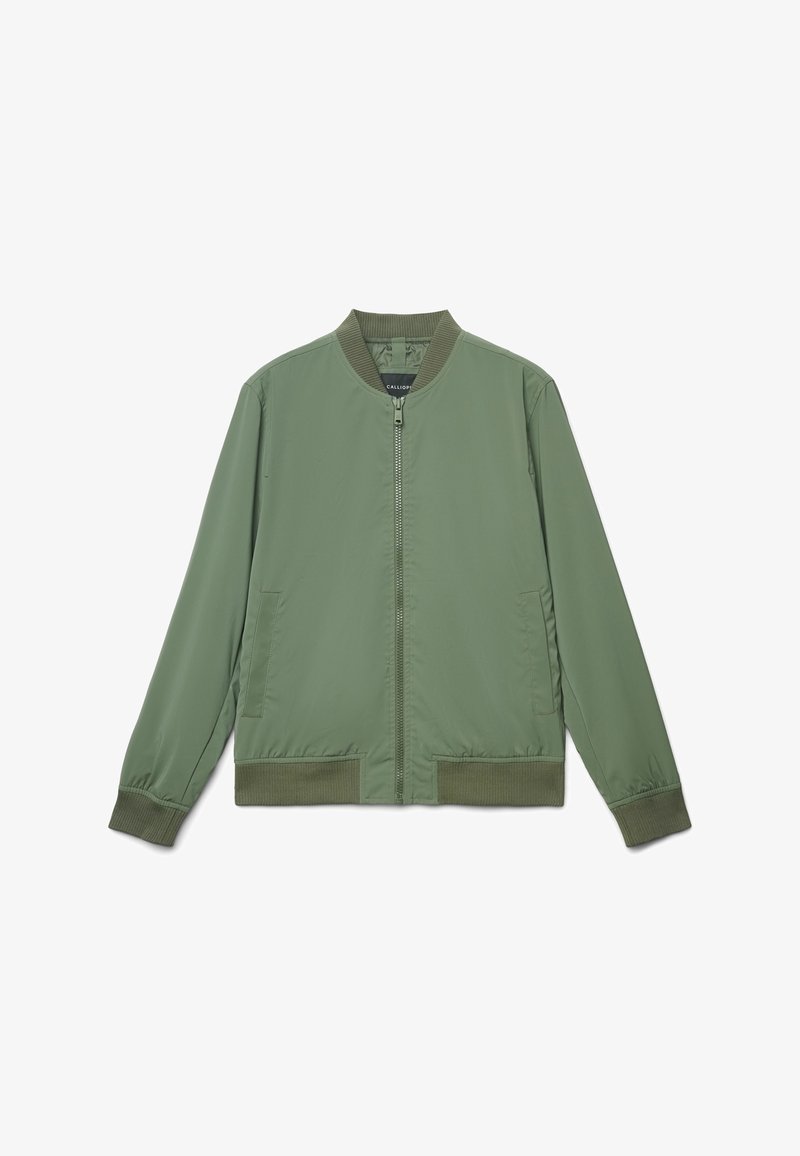 Grüne Bomberjacke aus leichtem Stoff, mit durchgehendem Reißverschluss, geripptem Kragen und Bündchen sowie Seitentaschen. Minimalistisches Design ohne Muster.