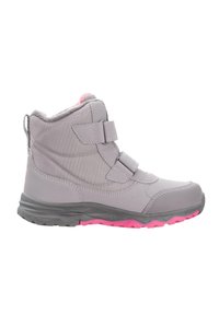 Grauer Winterstiefel mit pinkfarbenen Akzenten, aus synthetischem Material gefertigt. Verfügt über Klettverschlüsse, einen gepolsterten Kragen und eine strukturierte Gummisohle.