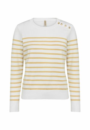 Fehér kötött pulóver sárga vízszintes csíkokkal, kerek nyakkivágással és négy díszgombbal a bal vállon. Puha tapintás és testhezálló design.