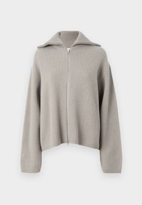 Maglione zip-up grigio chiaro in tessuto a coste con colletto alto e maniche ampie, caratterizzato da una vestibilità cropped e dettagli in zip argentata.