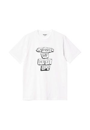 Biała bawełniana koszulka z czarnym graficznym tekstem "CARHARTT WIP DETROIT U.S.A." w odważnym, zużytym stylu, umieszczonym na środku z przodu.