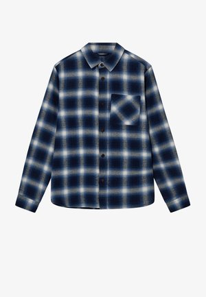 Blue and white plaid shirt with long sleeves, button closure, and single chest pocket; made of textured fabric; features brown buttons.