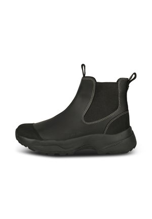 Black waterproof ankle boots with elastic side panels, rubber toe cap, and reinforced heel. Features contrast stitching and pull tabs for easy wear.