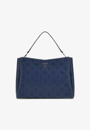 Bolso de mano azul marino hecho de material sintético texturizado con patrones de logotipos repetidos, una sola correa para el hombro y detalles de hardware con marca.