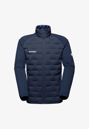 Navy Pufferjacke mit hohem Kragen, gesteppter Vorderseite und dehnbaren Ärmeln. Verfügt über ein Logo auf der Brust, glatte Textur und durchgehenden Reißverschluss.