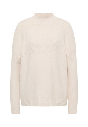 Maglione lavorato a maglia color crema con una sottile texture a zigzag, polsini a coste, orlo e colletto a cannellé.