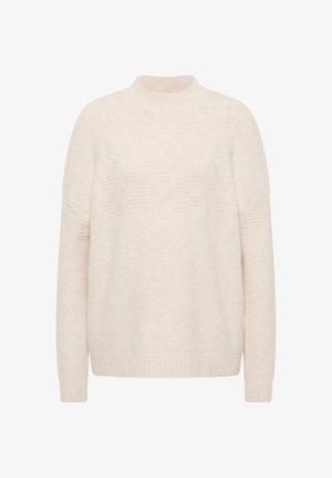 Cremfarbener Strickpullover mit subtiler Zickzackstruktur, gerippten Bündchen, Saum und Stehkragen.