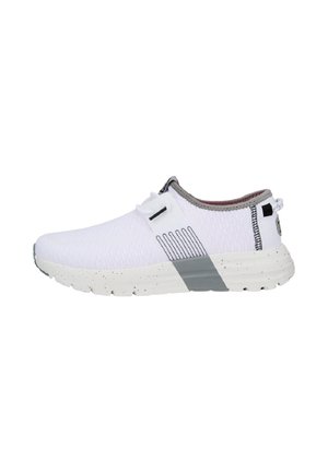 White athletic shoes with a breathable mesh upper, grey accents, textured sole, elastic laces, and a pull tab at the heel for easy wear.