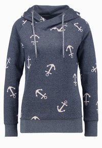 Felpa navy con cappuccio regolabile, caratterizzata da un motivo di ancore rosa chiaro. Tessuto morbido, polsini e orlo a costine per comfort e vestibilità.