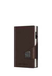 Brown leather wallet with a metallic clip, featuring an embossed logo and a smooth texture. Compact, with a sleek rectangular design.